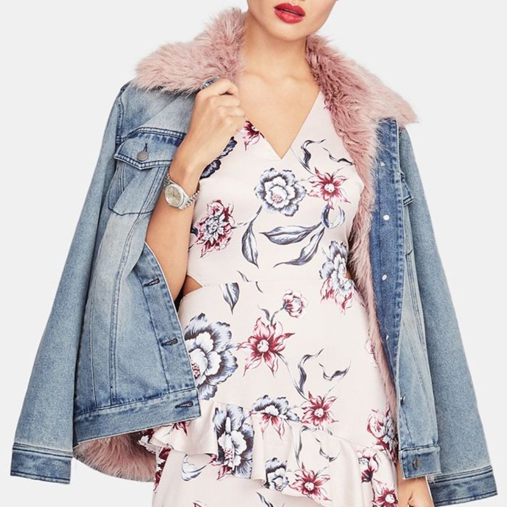 RACHEL Rachel Roy Pink Fur-Trimmed Denim Jacket